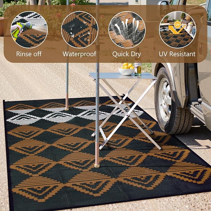 Lahome Outdoor Plastic Straw Rug, Reversible Outdoor Rug Waterproof 6x9 Patio Rugs, Camping Rugs for RV Backyard Deck Porch Picnic Beach Trailer (Black/Brown, 6' x 9')
