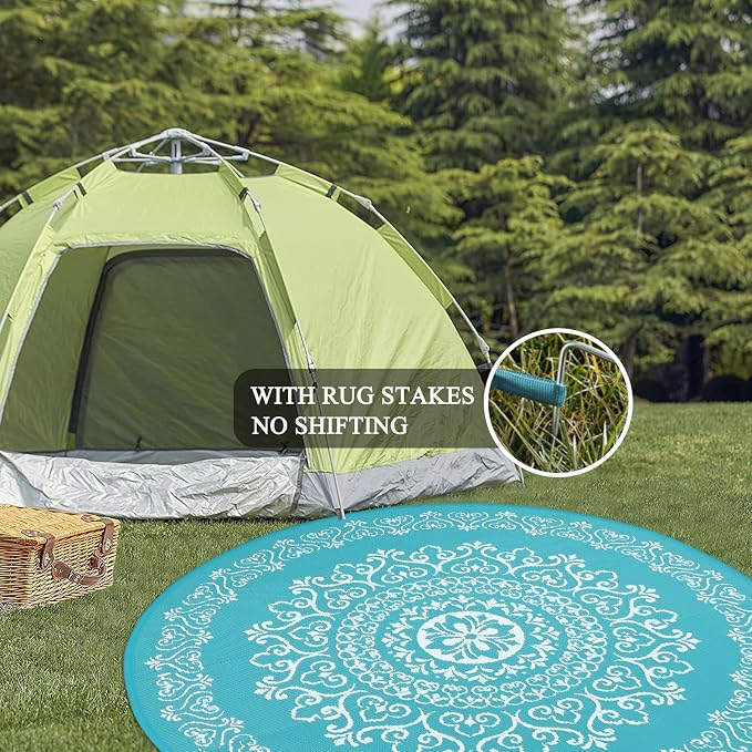 Pauwer Waterproof Outdoor Rug 6ft, Reversible Plastic Straw Patio Camping Rug, Indoor Outdoor RV Mat Carpet for Deck, Camper, Porch, Balcony, Backyard, Picnic, Floral Teal | Reversible Patio Rug, UV Resistant Indoor Outdoor RV Mat Carpet For Deck, Camp...