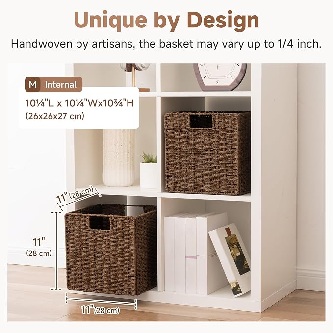 StorageWorks 11 inch Cube Storage Bins,Wicker Storage Cubes 11x11x11,Brown | 2-Pack,Handwoven Square Cubes Baskets,Foldable Paper Rope Baskets for Organizing,Square Baskets,Wicker Basket for Storage