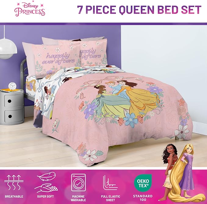 Disney Princess Queen Comforter Set 7 Piece Kids Bedding for Girls, Pink | Cinderella Rapunzel Belle, Bed in a Bag, Comforter Sheets Shams Pillowcases, Soft Microfiber, Machine Washable, Girls Gift
