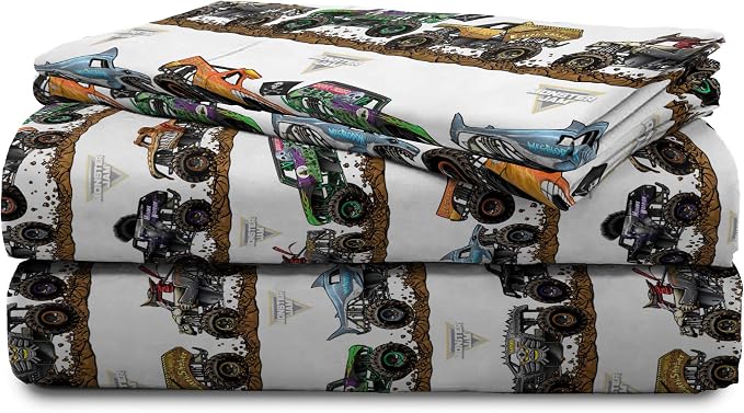 Jay Franco Kids Sheet Set with Fitted, Flat Sheets & Pillow Cover - Ultra-Soft Bedding with Pillowcase for Room Decor, Multi - Monster Jam, 4 Piece Queen