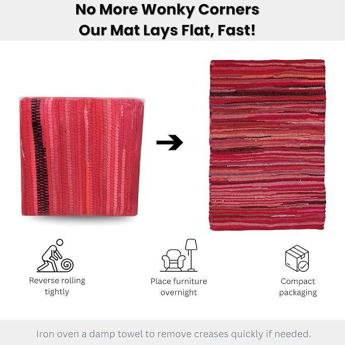 Ramanta Home 100% Cotton Hand Woven Chindi Rag Rug 2'x3' - Red, Recycled Reversible Rug, Boho Rustic Farmhouse Rugs for Living Room, Kitchen, Dinning Room Entryway Floor Mat - 24"x36"