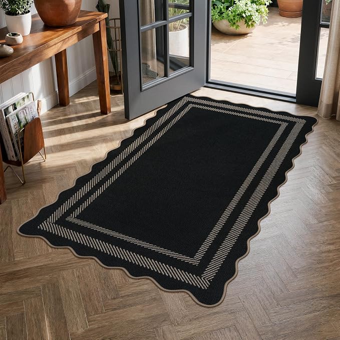 LIVEBOX Scalloped Easy Jute 3x5 Outdoor Rug, Black Washable Rugs for Entryway Kitchen, Indoor Outdoor Farmhouse Neutral Rug Modern Carpet Door Mat Area Rug for Patio Bedroom Living Room Porch Entry
