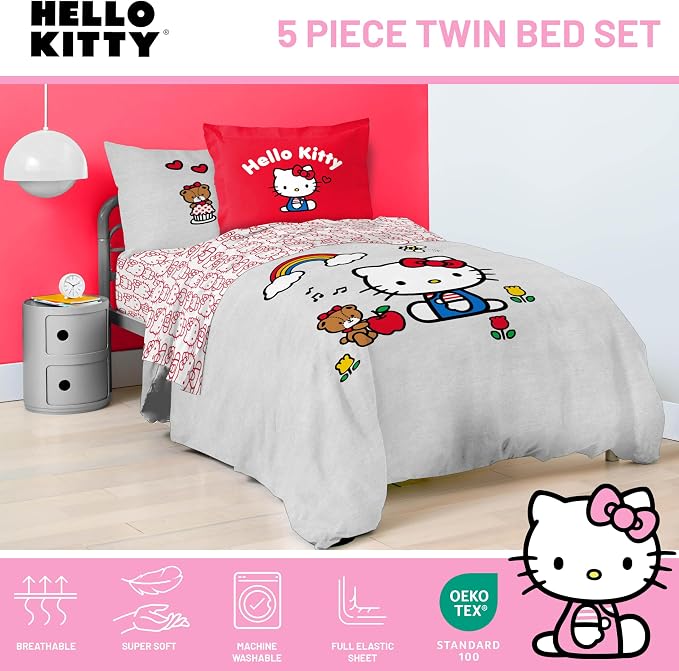 Sanrio Hello Kitty Twin Comforter Set 5 Piece Bedding for Girls, Grey | Bed in a Bag, Comforter Sheets Sham Pillowcase, Official Product, Soft Microfiber, Machine Washable, Easy Care, Girls Gift
