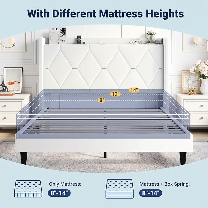 Allewie Queen Bed Frame with Storage Headboard & Charging Station | Diamond Tufted Design & Gold Trim, Velvet Upholstered Platform Bed, No Box Spring Needed, Easy Assembly, Noise-Free, White