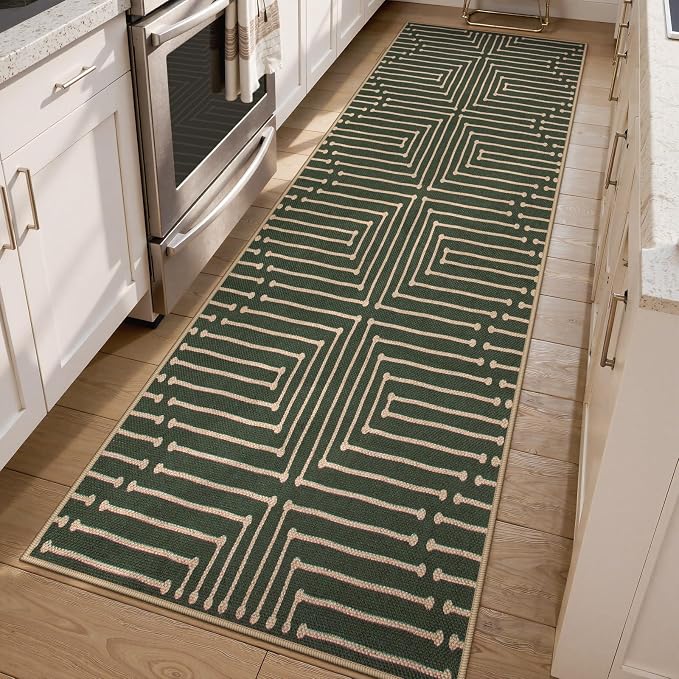 Lahome Maze Line Green Kitchen Runner Rug, 2x8 Outdoor Easy Jute Runner Rug | Nature Non Slip Indoor Outdoor Front Door Carpet for Hallway Entry Laundry