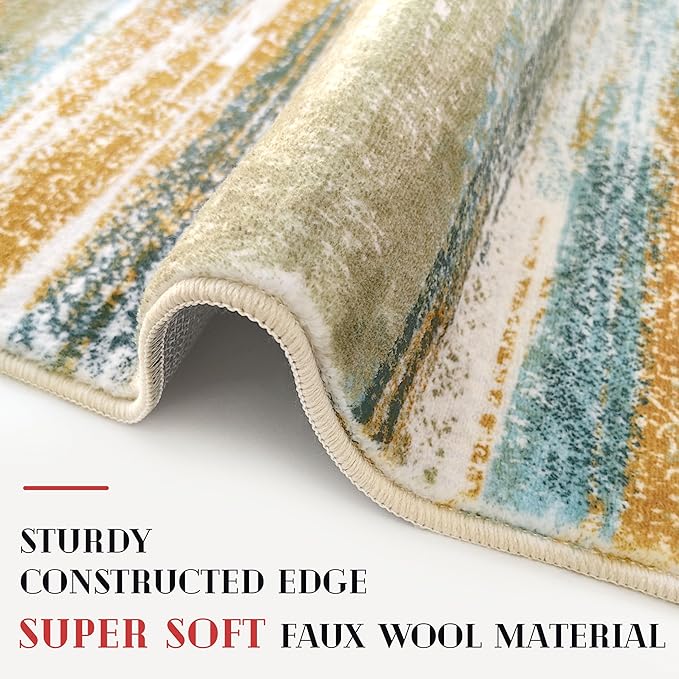 Lansny Modern Abstract 8x10 Large Machine Washable Living Room Rug Non-Slip Soft Bedroom Area Rug Green Mustard Multi Ultra Thin Print Faux Wool Carpet Throw Rugs for Playroom Dining Room Indoor