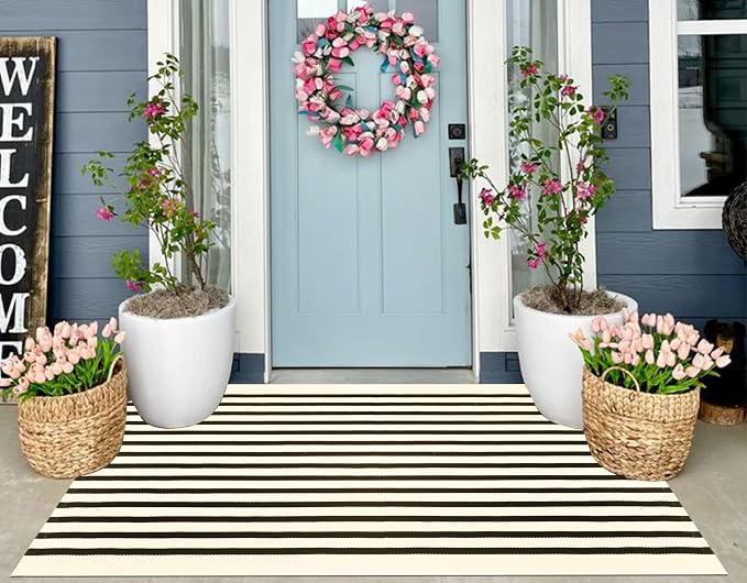 Black and Beige Outdoor Rug 3'x5',Machine Washable Striped Porch Rug Cotton Woven Farmhouse Front Door Mats for Porch/Entryway/Home Entrance Decor/Bedroom/Laundry Room/Patio/Front Door
