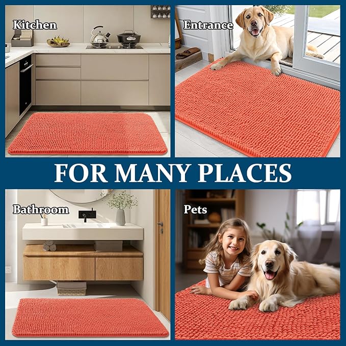 OLANLY Dog Door Mat for Muddy Paws 44x24, Absorbs Moisture and Dirt, Absorbent Non-Slip Washable Doormat, Quick Dry Chenille Mud Mat for Dogs, Entry Indoor Entryway Carpet for Inside Floor, Coral