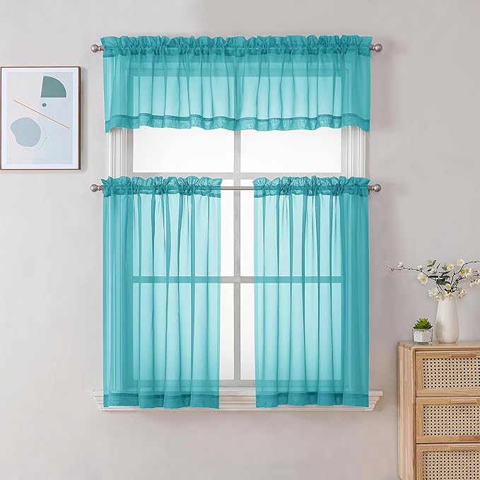 Gwine Turquoise Sheer Curtain Tiers 24 Inch Length, Light Filtering Voile Short - Image 2