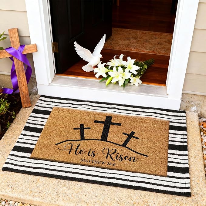 Moucuny 2 Pcs Easter Coir Doormat Outdoor Mat He is Risen Welcome Door Rug Layered Black and White Stripe Rug Coir Easter Mat for Outdoor Front Porch Entryway Decor