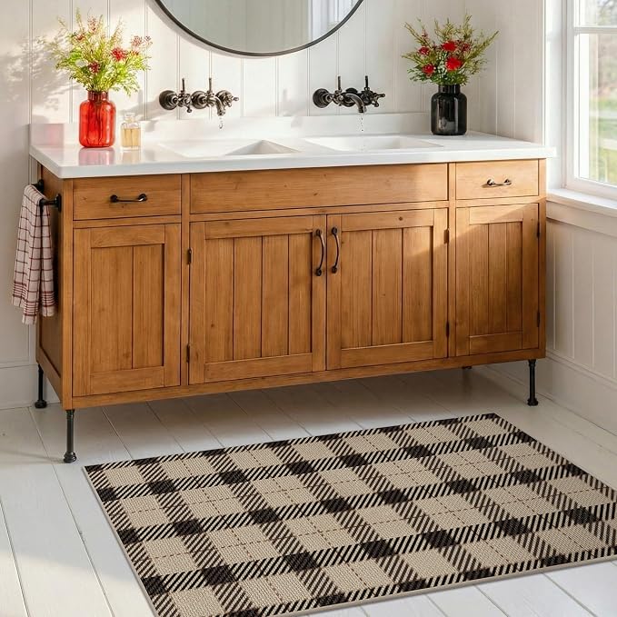 Entryway Rug 2x4, Easy Jute Indoor Outdoor Rug, Washable Non Slip Brown Black Plaid Door Mat, Low Profile Farmhouse Rug for Front Door, Front Porch, Kitchen, Mudroom