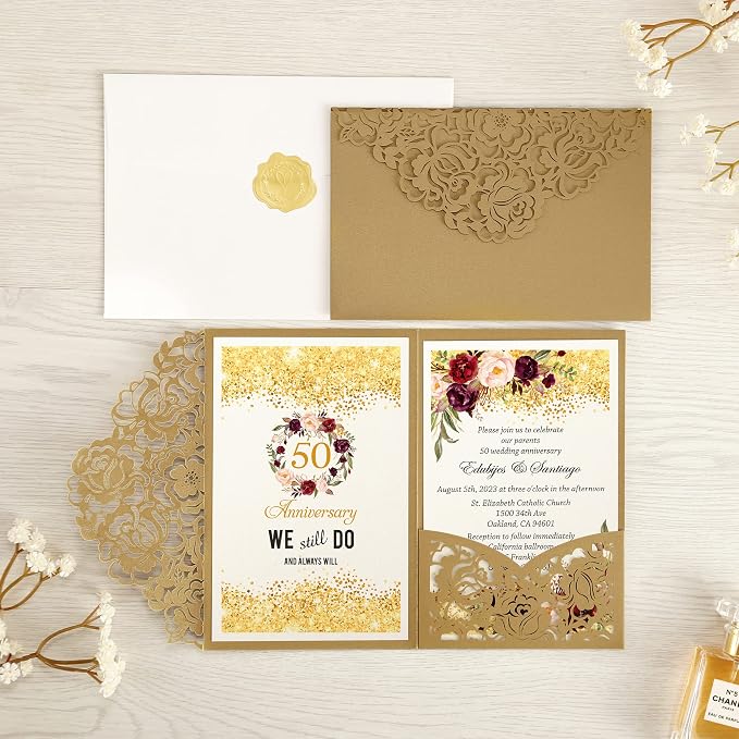 DORIS HOME 50Pcs Personalized Laser Cut Wedding Invitations, Gold | 4.7"x7.1", Customized Anniversary Invitations, With Envelopes