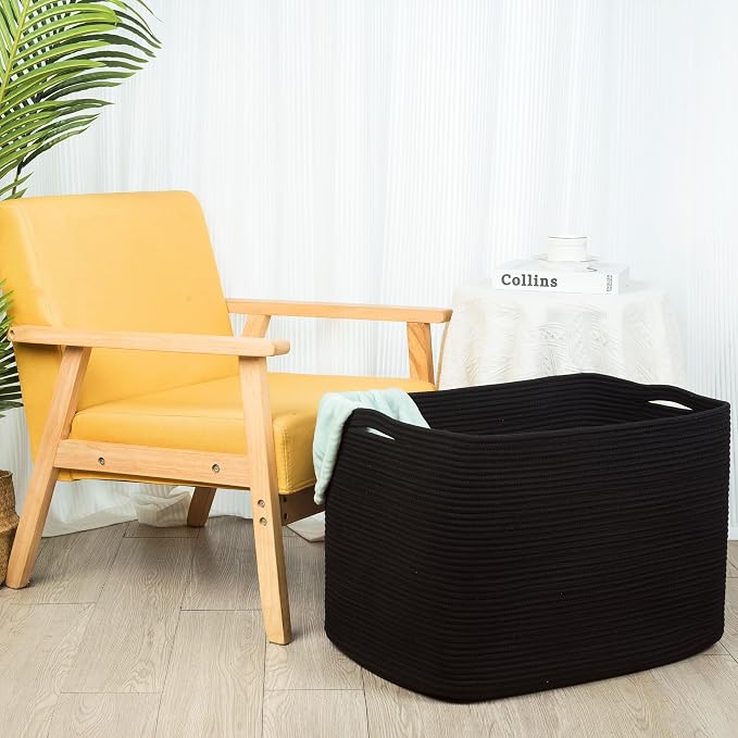 MINTWOOD Design 112L Extra Large Blanket Basket Holder Living Room, 25"x17"x16" Rectangle Rope Woven Storage Basket with Handles for Laundry, Pool Towels, Shoes, Dog Toy Organizer Bin Box, Black