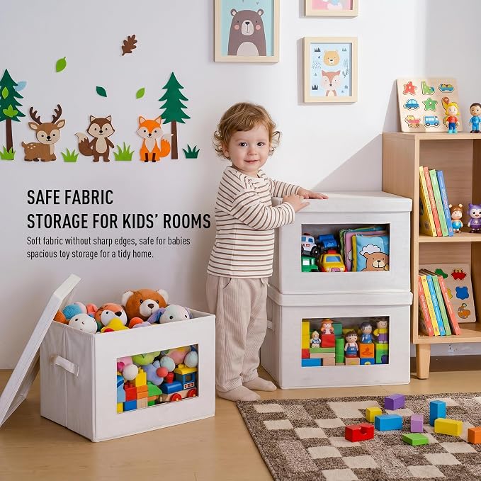 3-Pack Large Storage Bins with Lids & Clear Window, Foldable Fabric Closet Organizer Boxes, Stackable Cube Baskets with Soft Handles for Clothes & Blankets, 17”, Beige