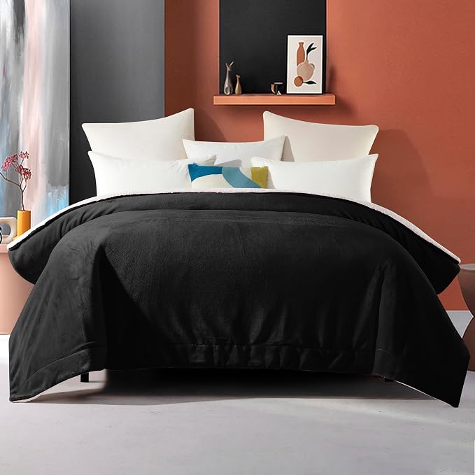 Elegant Comfort Ultra Soft Reversible Flannel Sherpa Blanket - Cozy Silky Fleece Throw for Couch, Bed - Plush Fuzzy Warm Winter Blanket for Gift, Queen, Black