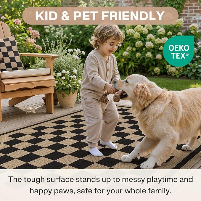Tribesigns 5x7 Black Checkered Easy Jute Outdoor Patio Rug for Backyard | Washable, Non-Slip Geometric Rug for Living Room, Porch, Dining Area, Rv and Indoor Outdoor Use, Includes 4 Rug Grippers