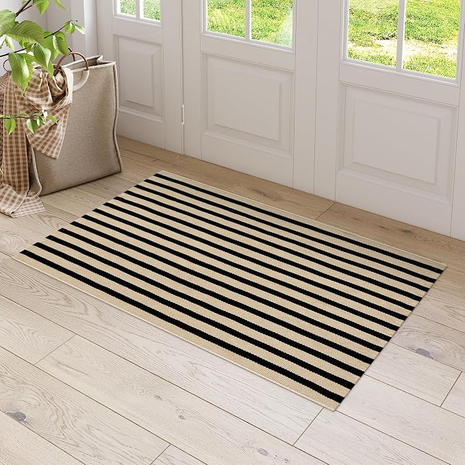 LEEVAN Black and White Outdoor Rug 2x4.3, Outside Entrance Door Mat, Washable Welcome Layering Rugs Farmhouse Front Porch Mats Outside Striped Layered Front Doormat for Porch/Entryway