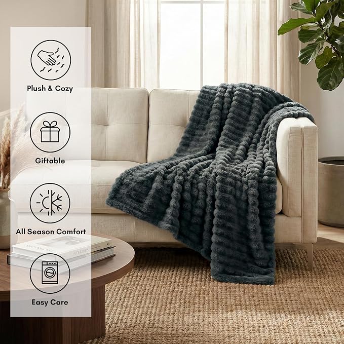 Americanflat 60x80 Faux Fur Throw Blanket - Soft and Breathable Throw Blanket for Couch, Bed, Chair - Dark Gray Faux Fur Blankets Perfect for Home, Bedroom, or Outdoor Use