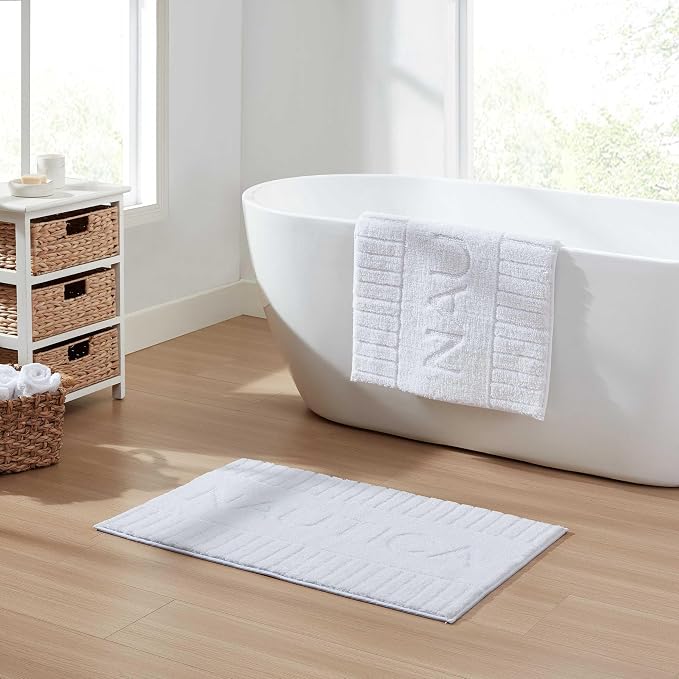 Nautica - Bath Rugs, Soft & Absorbent Plush Bath Mat with Skid Resistant Backing, Oeko-Tex Certified (Nautica Logo White, 2-Piece)