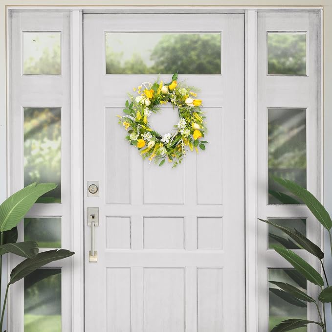Puleo International 24" Artificial Tulip Floral Spring Door Wreath, Green/Yellow