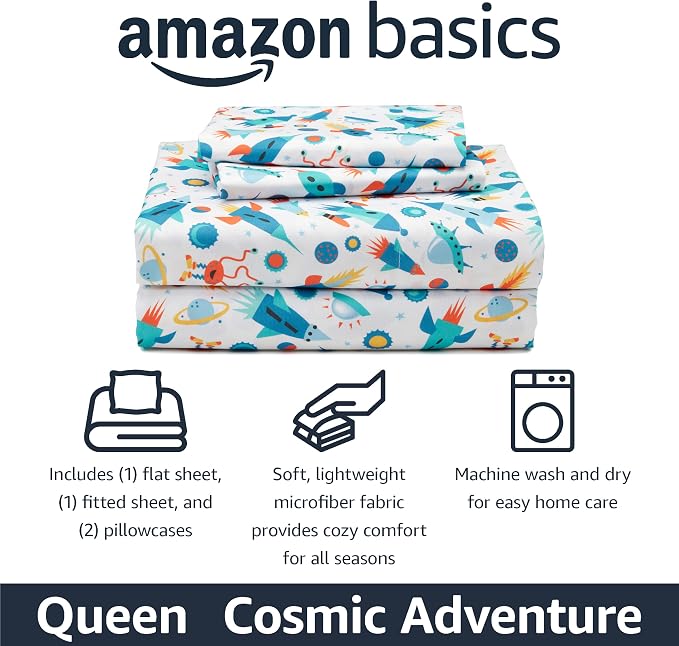 Amazon Basics Kid's Soft Easy-Wash Microfiber 4-Piece Sheet Set with Pillowcase, Queen, Cosmic Adventure