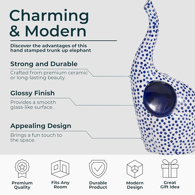 Ceramic Elephant Figurine Sculpture – Artful Accent for Room Decor and Display, Shelf, Desk, Or Entry Table Styling, Boho Home Decor Polka Dot Design with Raised Trunk – 11", Blue and White Finish