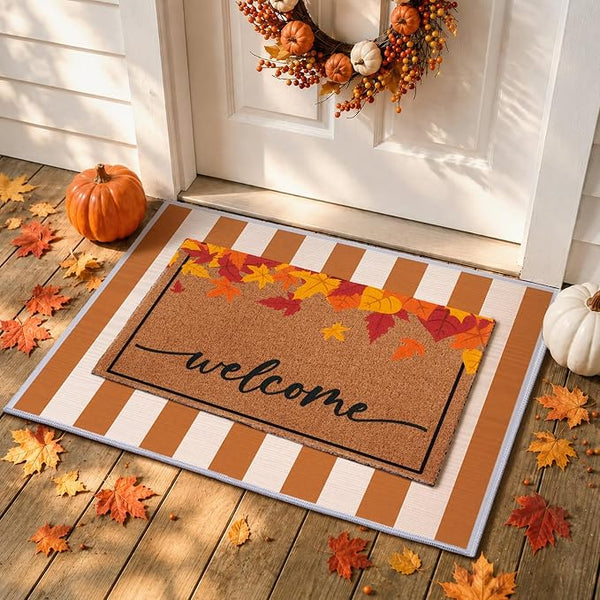 2 Pcs Fall Maple Leaves Welcome Doormats Autumn Outdoor Rug Striped Layering Porch Mats Non Slip Thanksgiving Entryway Shoe Scraper Washable Front Door Carpet Farmhouse Decorations 24x32 Inch