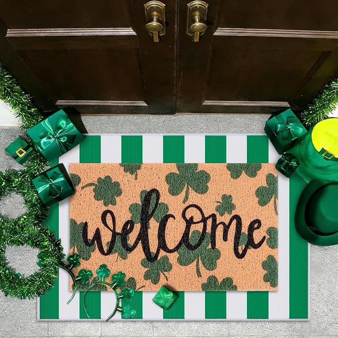 2 Pcs St. Patrick's Day Doormat Shamrock Pattern Welcome Door Mat Non Slip Coir Mat White & Green Striped Layering Mat for St. Patrick's Day Front Door Porch Entryway Decor 23.6 x 31.5 Inch