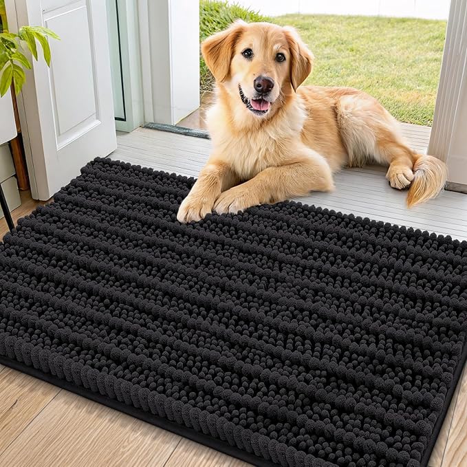 Smiry Dog Door Mat for Muddy Paws 34x21, Absorbent Dirt Trapper, Non-Slip Washable Chenille Entryway Rug for Inside Floor, Black, Layered Pattern