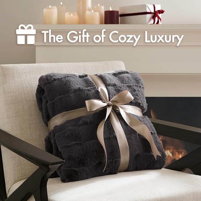 Madison Park Vivienne Faux Fur Throw Blanket Velvet, 50 x 60, Grey | Cozy Warmth for Sofa or Bed, Reversible, Lightweight, OEKO-TEX Certified