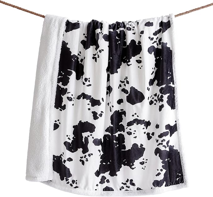 Indigo Hill by HiEnd Accents Elsa Sherpa Cow Print Blanket, Black Cowhide Pattern Rustic Western Throw Blankets for Camping Outdoor, Animal Print Sherpa Fleece Blanket for Couch Sofa Bed, 54x68 inch