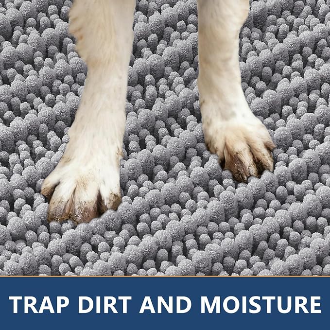 Smiry Dog Door Mat for Muddy Paws 40x24, Absorbent Dirt Trapper, Non-Slip Washable Chenille Entryway Rug for Inside Floor, Grey, Layered Pattern