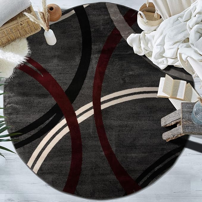 Rugshop Wavy Circles Modern Non-Shedding Living Room Round Rug Red 8' | Round, Bedroom, Dining Room, Home Office, Kitchen, Entryway, Hallway, Nursery, Kids Room, Guest Room, High Traffic Area