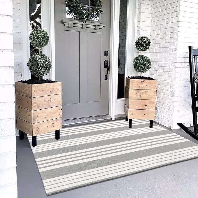 OJIA Entryway Rug 3'x5' Outdoor Rugs Front Door Mat Outside Entrance Decor | Cotton Woven Front Door Mat Outdoor Doormat Machine Washable Grey & White Striped Entry Porch Rugs for Farmhouse/Home Decor