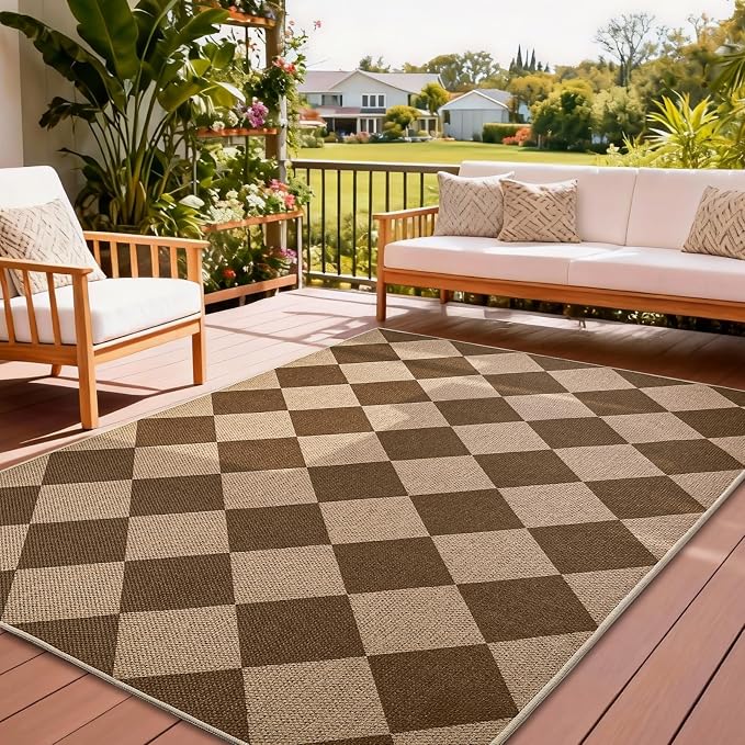 EDIMENS 3x5 Outdoor Rugs Checkered Easy Jute Front Door Mat Entryway Rug | Brown Washable Non Slip Indoor Outdoor Rug Farmhouse Neutral Living Room Carpet for Backyard Porch Balcony Patio
