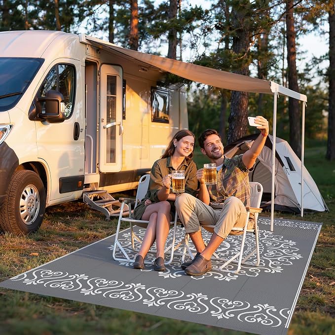 Pauwer Outdoor Rug 6x9, Waterproof Plastic Straw Camping Rug, Floral Grey | Reversible Patio Rug, UV Resistant Indoor Outdoor RV Mat Carpet For Deck, Camper, Porch, Balcony, Backyard, Picnic, Foldable