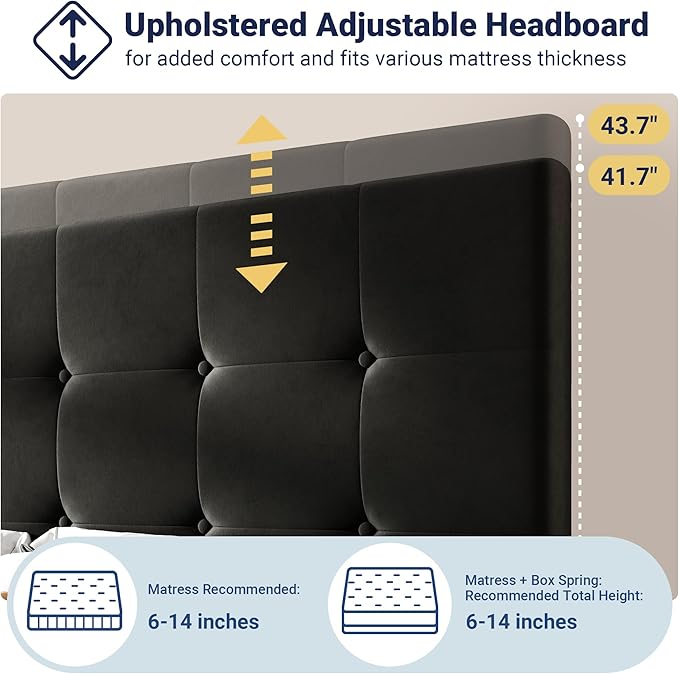 Allewie Upholstered Full Size Platform Bed Frame with 4 Storage Drawers and Adjustable Headboard, Square Button Tufted, Wooden Slats Support, Noise-Free, No Box Spring Needed, Easy Assembly, Black