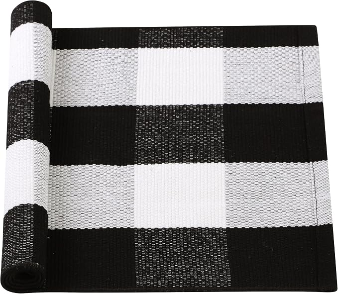 uxcell Buffalo Check Rug,Plaid Outdoor Rug,Layered Door Mat,Cotton Gingham Rugs,Floor Mat for Front Porch/Runner/Bedroom/Kitchen/Farmhouse 28"x18" Black & White