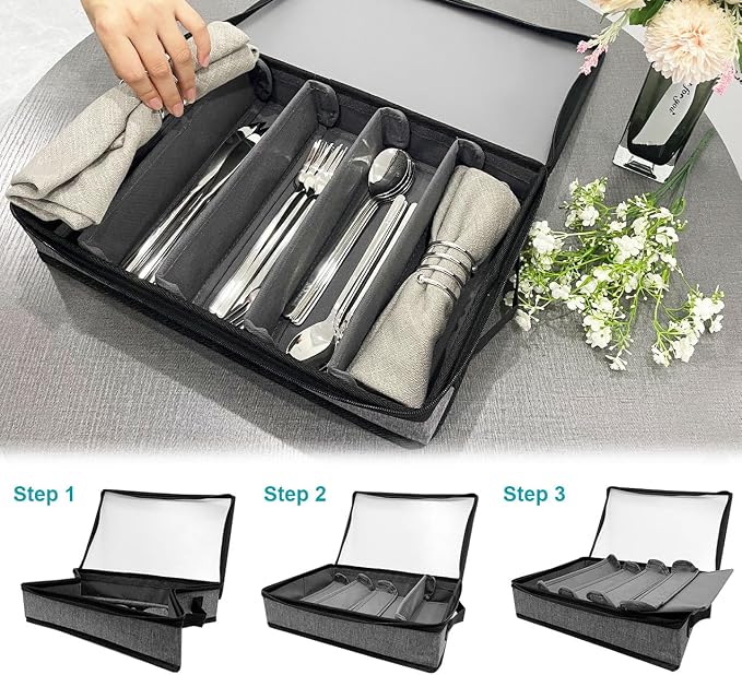 Silverware Organizer Chest,Silverware Storage Box,Stackable Flatware Storage Case,Spoon Organizer,Tableware Storage Box With 4 Dividers for Moving Transport,Kitchen Utensil cutlery Organizer | Silverware Box,Poon Organizer,Tableware Storage Box With 4 ...