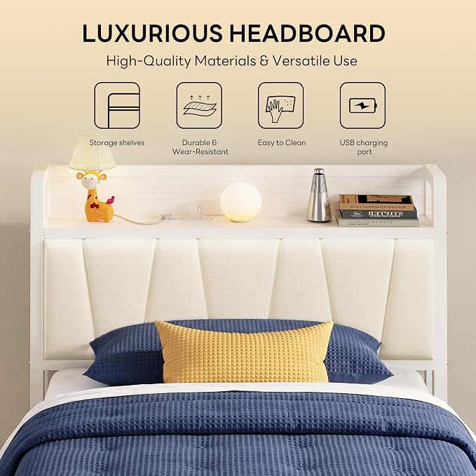 LIKIMIO Twin XL Bed Frames, PU Leather Storage Headboard with Charging Station, Solid and Stable, Noise Free, No Box Spring Needed, Easy Assembly, White