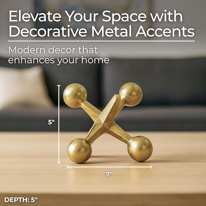 Gold Metal Jacks Decorative Object – Abstract Sculpture Modern Home Decor Ornament – Shelf Styling & Coffee Table Decor for Bathroom, Office & Living Room – 7" x 5"