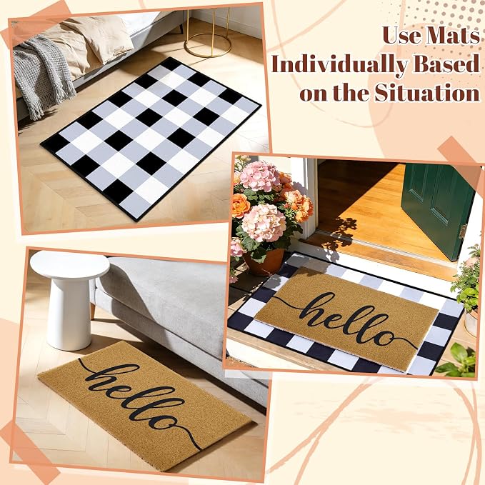 2pcs Layered Doormat Set, Welcome Door Mat for Outdoor Front Door, 16x24 PVC Coil & 24x32 Crystal Velvet Non-Slip Layering Entry Mats for Farmhouse Porch Decoration（Hello, Buffalo Plaid）