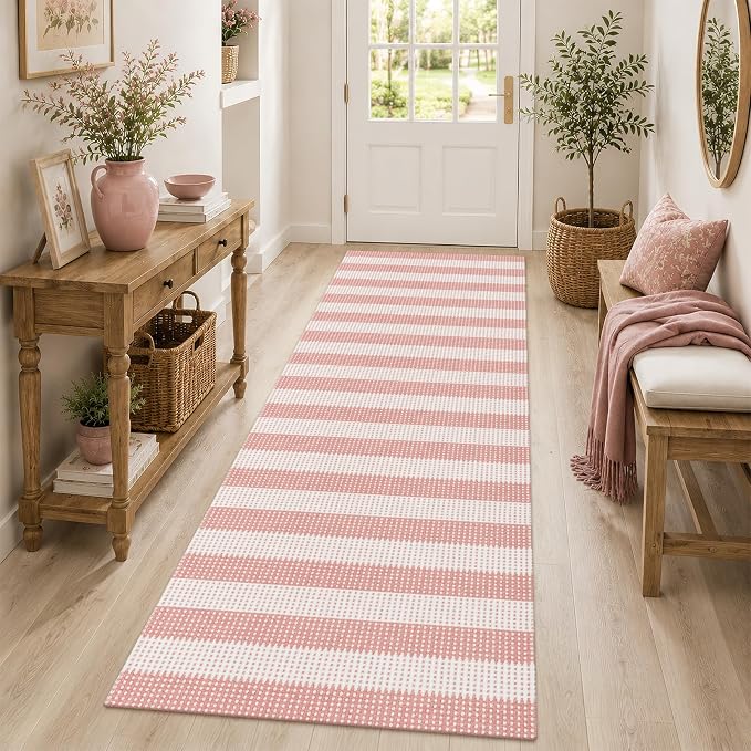 Rugalia Pink Woven Indoor Outdoor Runner Rug 2x6, Washable Striped Cotton Rug Runners for Hallway Non-Slip Long Kitchen Mat, Modern Neutral Throw Runner Carpet for Entryway Porch Patio