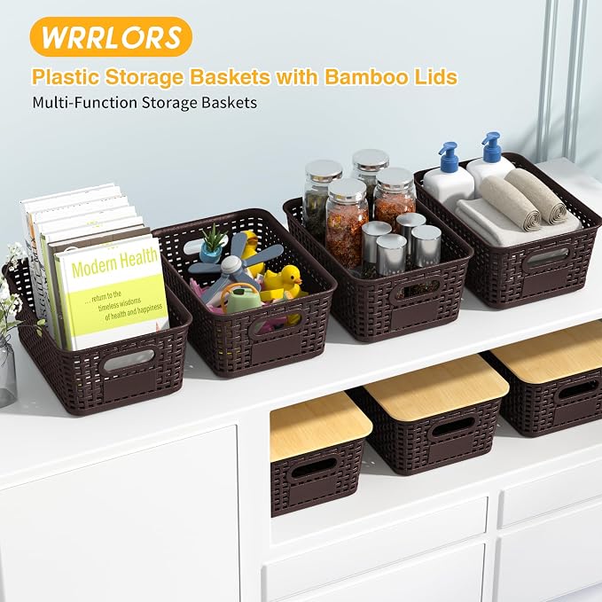 6 Pack Plastic Storage Baskets,Brown bamboo lid storage Box | Labels, Stackable, For Organizing Shelves Pantry Drawers Desktop Closets Organizing Desktop Closet Playroom Classroom