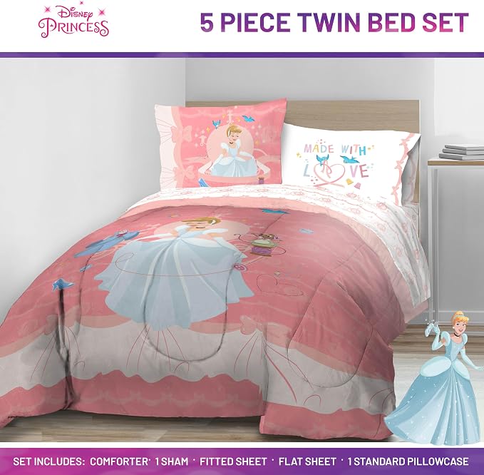 Disney Princess Cinderella Twin Comforter Set 5 Piece Kids Bedding, Pink | Bed in a Bag, Comforter Sheets Sham Pillowcase, Official Brand, Soft Microfiber, Machine Washable, Easy Care, Girls Gift