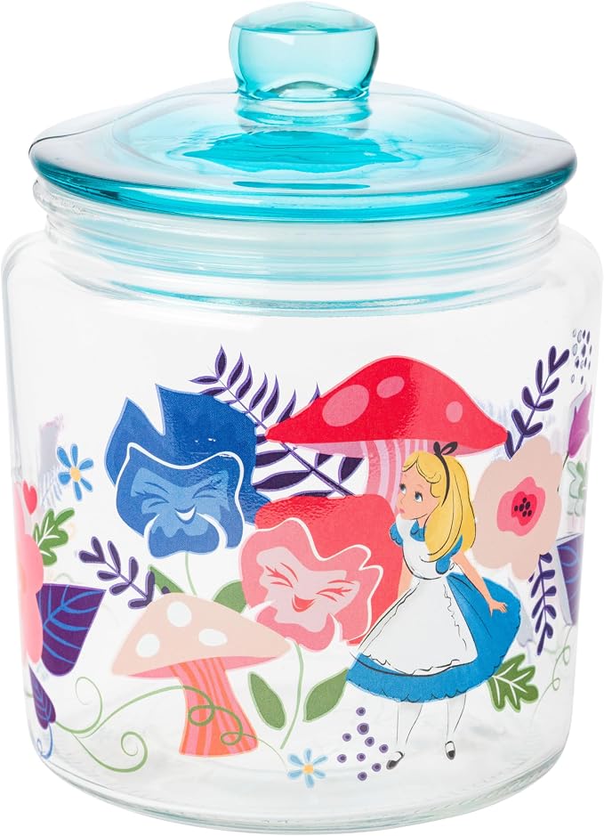 Silver Buffalo Disney Alice in Wonderland Mushrooms, Glass Jar with Lid | Flowers, Cookie Snack Candy, Small Size