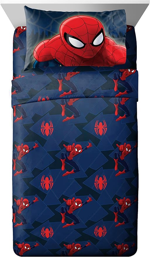 Jay Franco Kids Sheet Set with Fitted, Flat Sheets & Pillow Cover - Ultra-Soft Bedding with Pillowcase for Room Decor, Blue - Spiderman, 3 Piece Twin