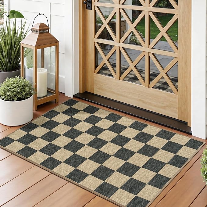 Lessymo Checkered Easy Jute Kitchen Rug, 2x3 Small Washable Front Door Mat | Non-Slip, Non-Shed Indoor/Outdoor Carpet for Porch Entryway Bathroom Bedroom Bedside, Modern Geometric Diamond Black/Beige
