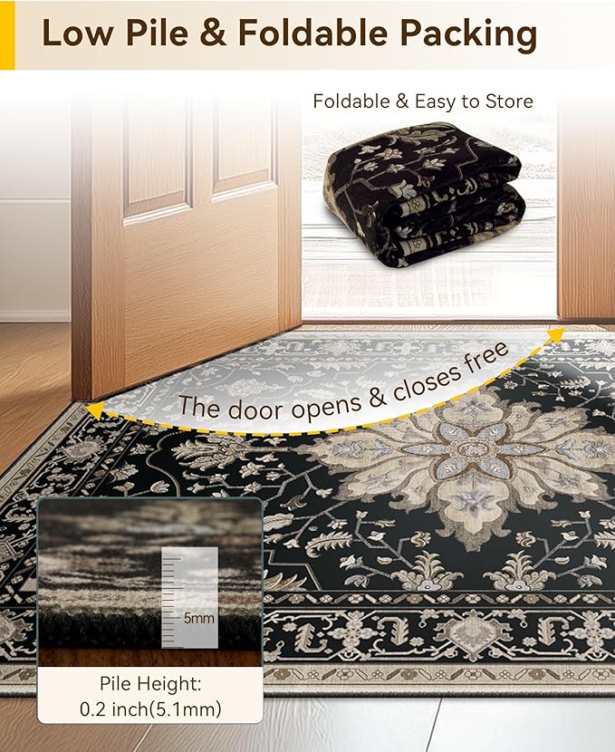 RELEANY Area Rugs 3'x5' Washable Non-Slip, Floral Vintage Distress Print Pattern Medallion Carpet for Living Room Bedroom Dining Room, Black Brown Neutral Dark Tan